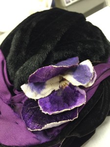 Kate Handley black fur purple pansies